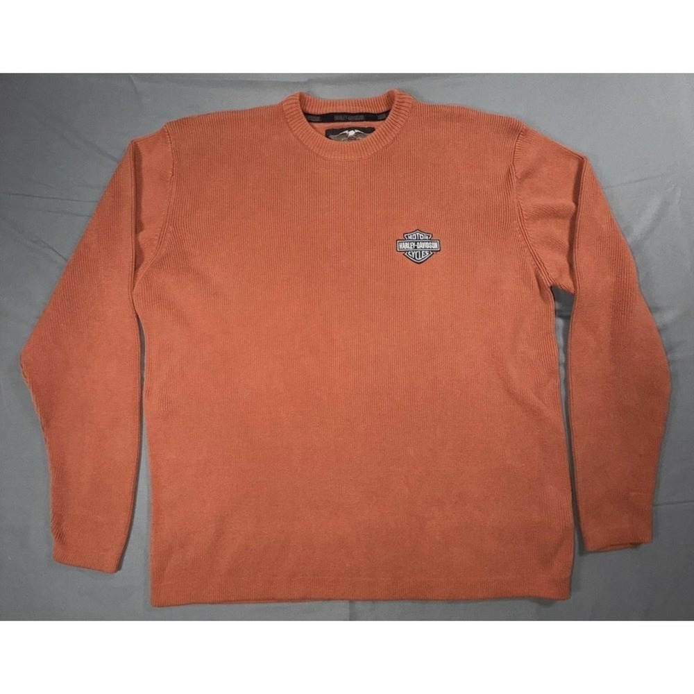 Harley-Davidson Sweater Mens Medium Orange Cotton Crewneck Knit Pullover‎